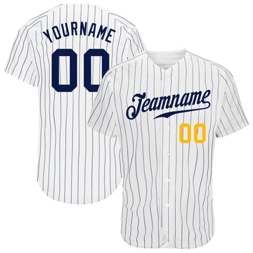 Custom White Navy Pinstripe Navy-Gold Authentic Baseball Jersey