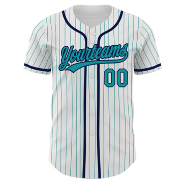 Custom White Teal Pinstripe Teal-Navy Authentic Baseball Jersey