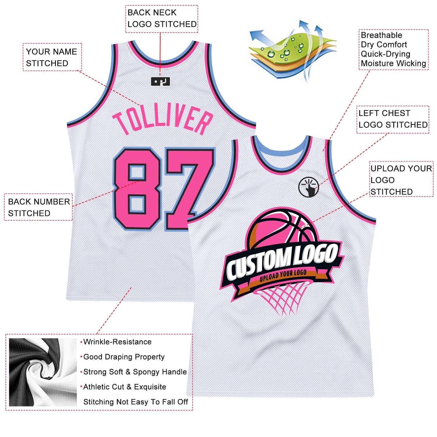 Custom Pink Black-Light Blue Gradient Fashion Tops Basketball Jersey