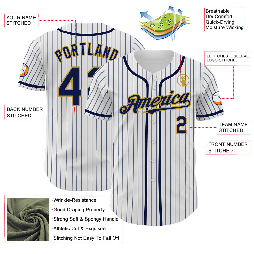 Custom White Navy Pinstripe Old Gold Authentic Baseball Jersey Discount