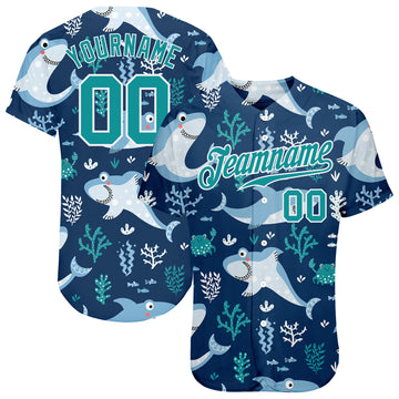 Custom Teal Teal-White 3D Pattern Design Sharks Authentic Baseball Jersey