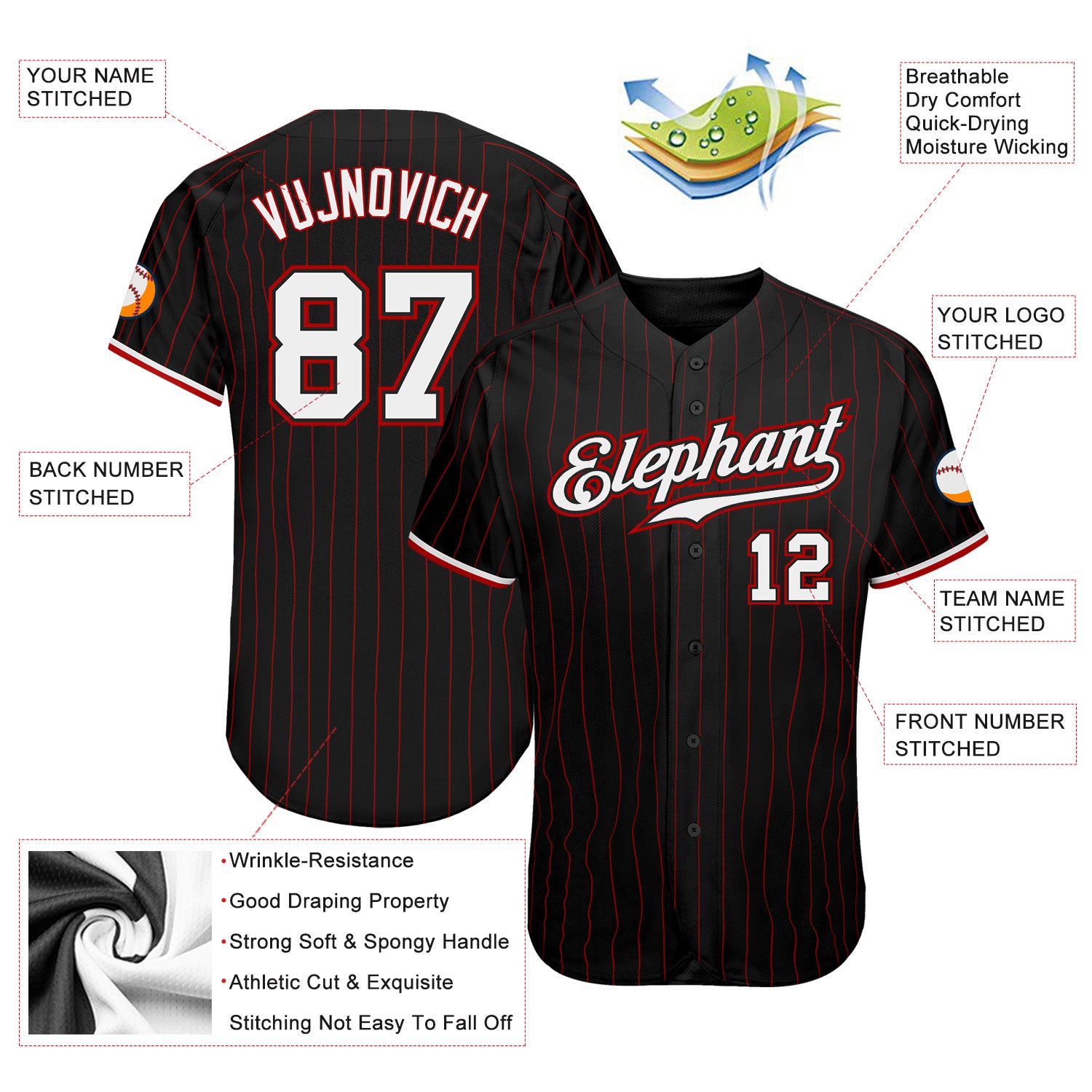 Custom Black Red Pinstripe White-Red Authentic Baseball Jersey Discount