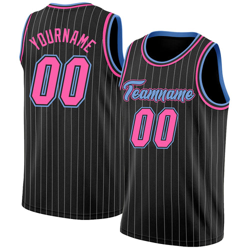 Black White Pinstripe Pink-Light Blue Authentic Basketball Jersey