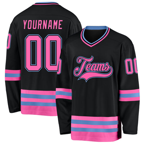 Custom Black Pink-Light Blue Hockey Jersey Discount