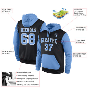 Custom Stitched Black Light Blue-White Sports Pullover Sweatshirt Hoodie