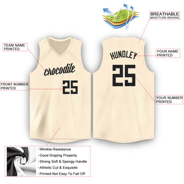 Custom Cream Black V-Neck Basketball Jersey