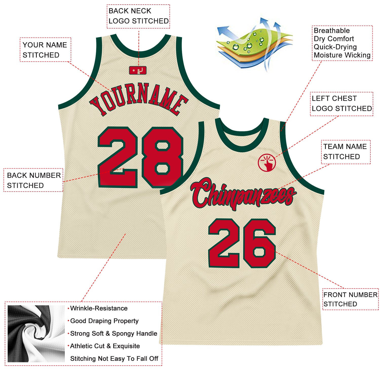 THE MIL - BBALL JERSEY - WHITE/FOREST GREEN/RED