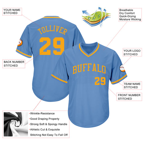 Custom Team Royal Baseball Authentic Light Blue Jersey Old Gold