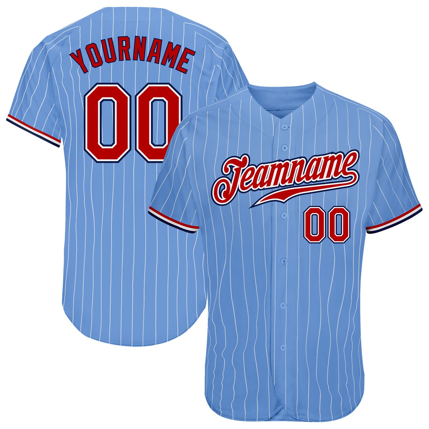 Custom Light Blue White Pinstripe Red-Navy Authentic Baseball Jersey  Discount