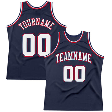 Custom Navy White-Red Authentic Throwback Basketball Jersey