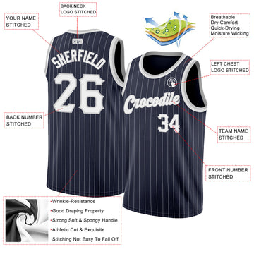 Custom Navy White Pinstripe White-Gray Authentic Basketball Jersey