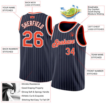 Custom Navy White Pinstripe Orange-White Authentic Basketball Jersey