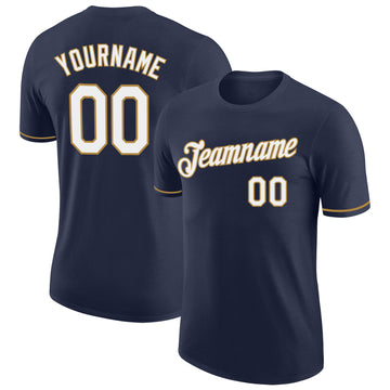 Custom Navy White-Old Gold Performance T-Shirt