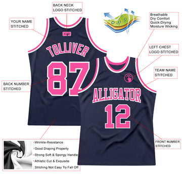 Custom Navy Pink-White Authentic Throwback Basketball Jersey