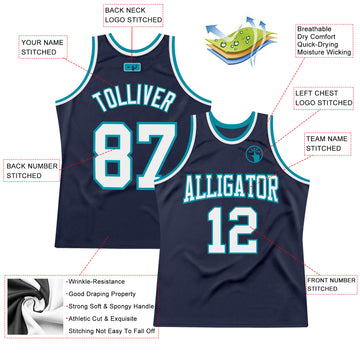 Custom Navy White-Teal Authentic Throwback Basketball Jersey