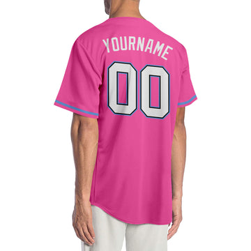 Custom Pink White-Light Blue Authentic Baseball Jersey