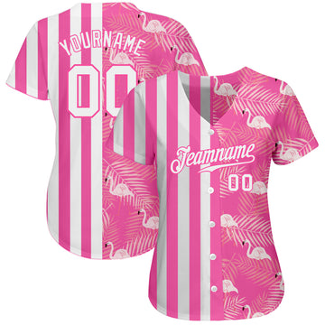 Custom Pink White 3D Pattern Design Tropical Palm Leaves And Famingo Authentic Baseball Jersey