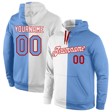 Custom Stitched White Light Blue-Red Split Fashion Sports Pullover Sweatshirt Hoodie