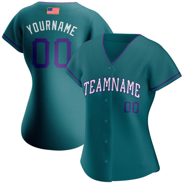 Custom Teal Purple-White Authentic American Flag Fashion Baseball Jersey