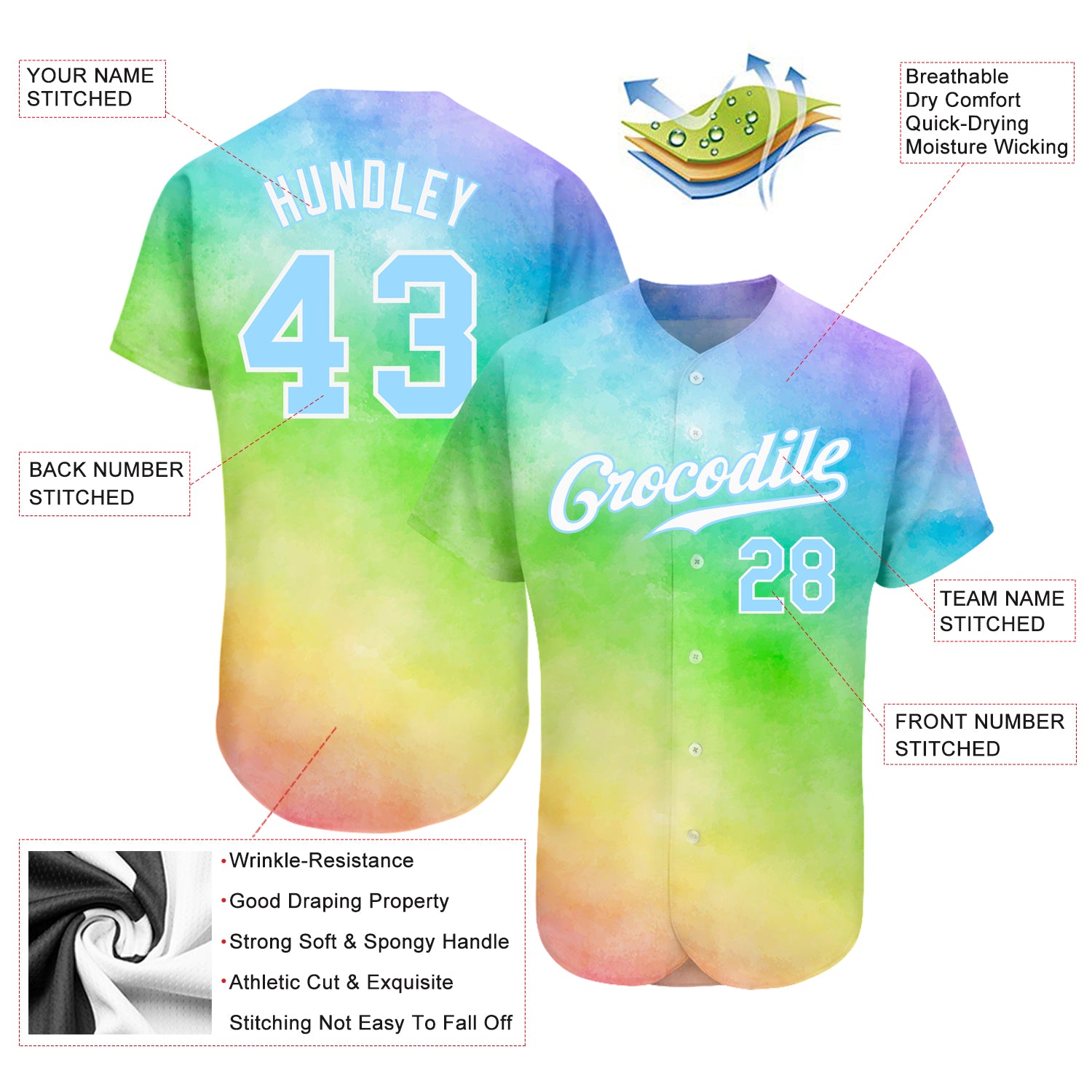 Custom Rainbow Tie Dye Light Blue-White 3D Authentic Baseball Jersey  Discount