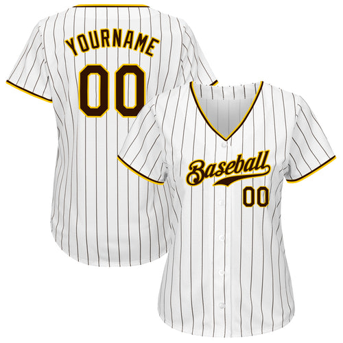 Custom Pinstripe Baseball Jersey Shirt White Brown Brown-Gold