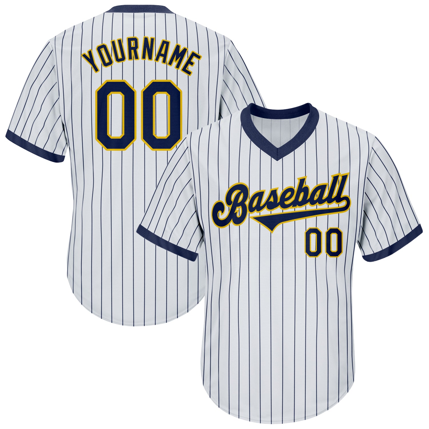 Custom Team Gold Baseball Authentic White Navy Strip Throwback Jersey Shirt  Navy