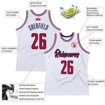 Custom White Red-Navy Authentic Throwback Basketball Jersey