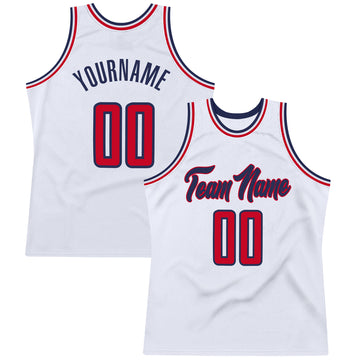 Custom White Red-Navy Authentic Throwback Basketball Jersey