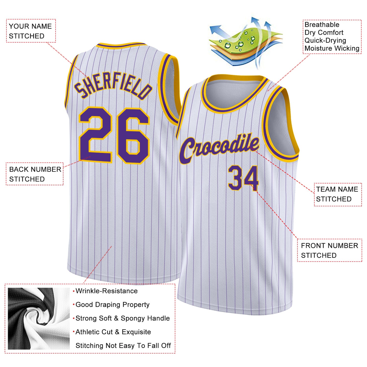Custom White Purple Pinstripe Purple-Gold Authentic Throwback Basketball  Jersey Discount