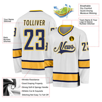 Custom White Navy-Gold Hockey Jersey