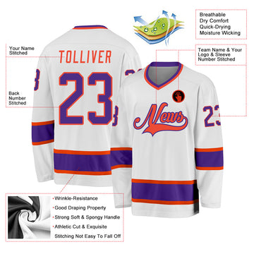 Custom White Purple-Orange Hockey Jersey