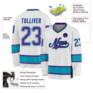 Custom White Purple-Teal Hockey Jersey