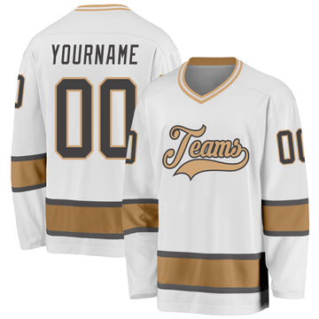 Custom White Steel Gray-Old Gold Hockey Jersey