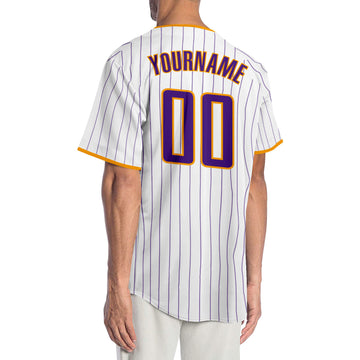 Custom White Purple Pinstripe Purple-Gold Authentic Baseball Jersey