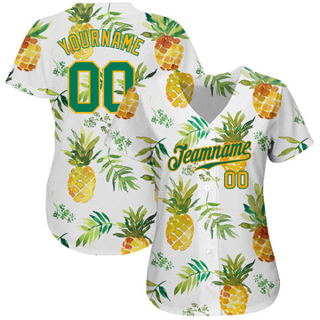 Custom White Kelly Green-Gold 3D Pattern Design Pineapples Authentic Baseball Jersey