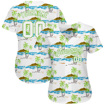 Custom White White-Neon Green 3D Pattern Design Beaches Authentic Baseball Jersey