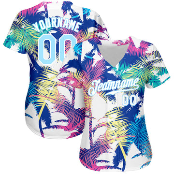 Custom White Light Blue 3D Pattern Design Hawaii Palm Trees Authentic Baseball Jersey